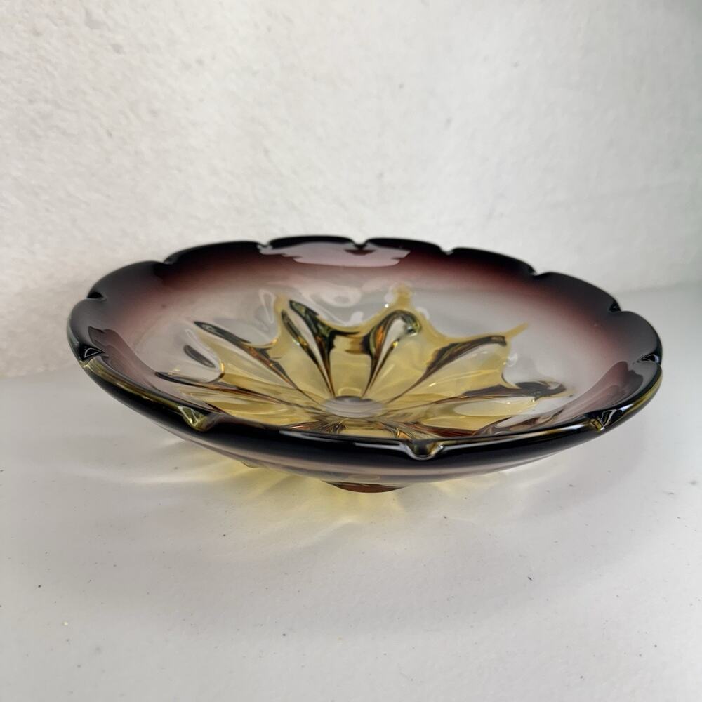 Heavy Art Glass Bowl Amber & Purple Smooth Bottom Vintage Display Centerpiece